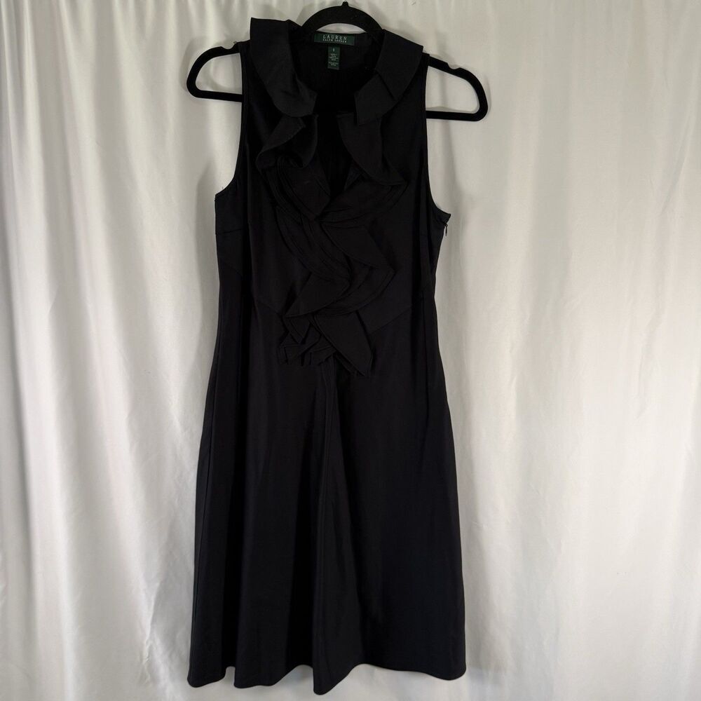 Lauren Ralph Lauren Mini Dress Women's 6 Black Ruffle Trim V-Neck Sleeveless